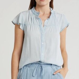 Tahari Chambray Ruffle Neck Flutter Sleeve Button Down Shirt
